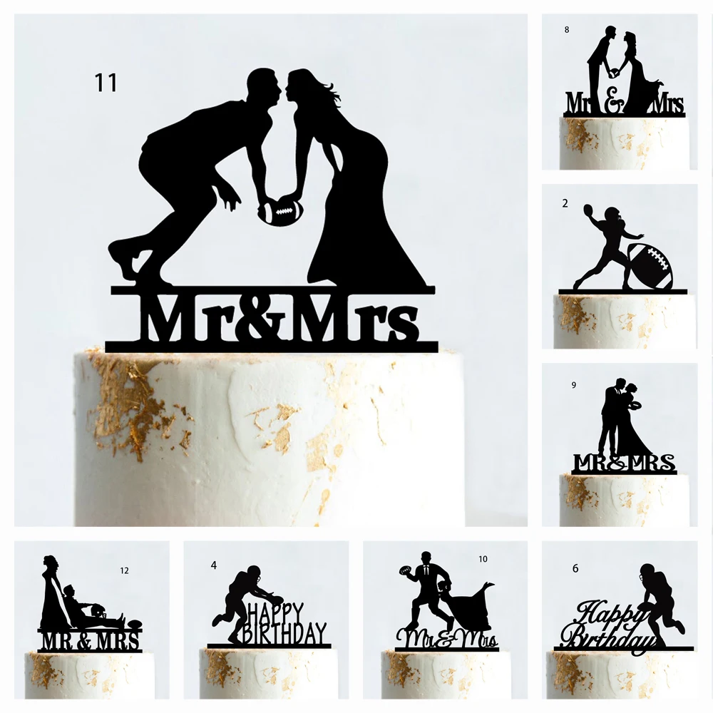 Rugby Style Wedding Happy Birthday Cake Topper Acrylic Wood American Football Funny Sport Bride And Groom Themed Party Cake Deco