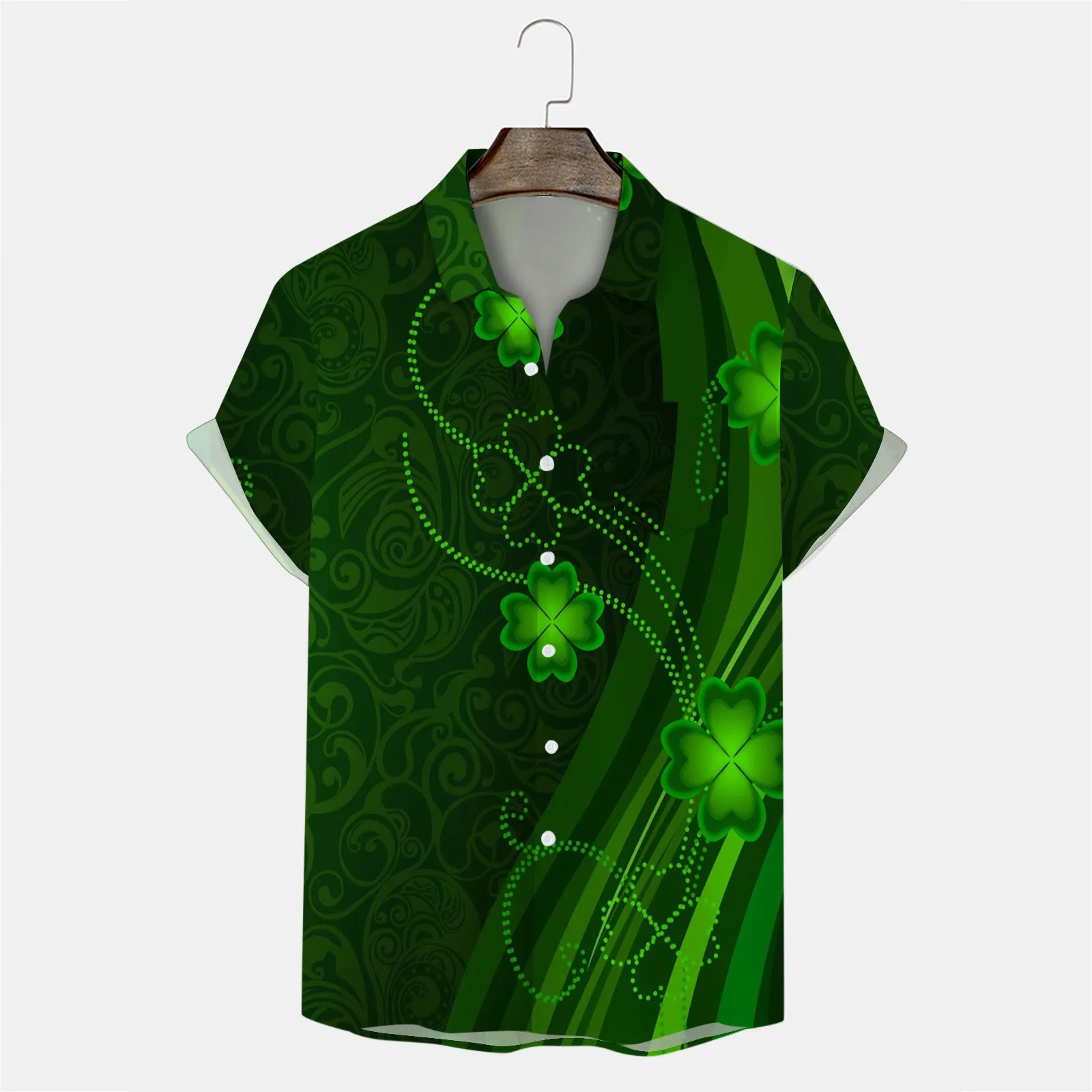 Green Men's Shirts 2024 St. Patrick's Day Summer Short Sleeve Lapel Casual Beach Shirts Trendy Cloves Print Button Up Clothing