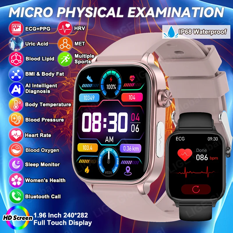 LIGE New ECG+PPG Smart Watch Men Women Blood Lipid Uric Acid Blood Pressure HRV SpO2 Female Menstrual Health Tracker Smartwatch