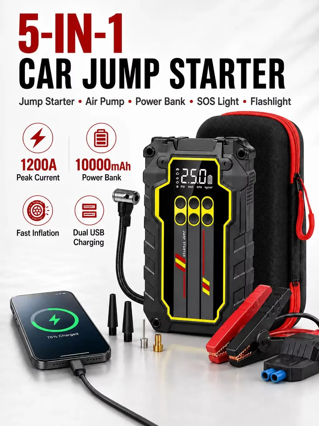 150PSI Luftkompressor Reifenfüller, 1200A Auto-Starthilfe, 10000mAh Powerbank Tragbar, Notstartgerät mit Campinglicht SOS Niedrigtemperaturstart