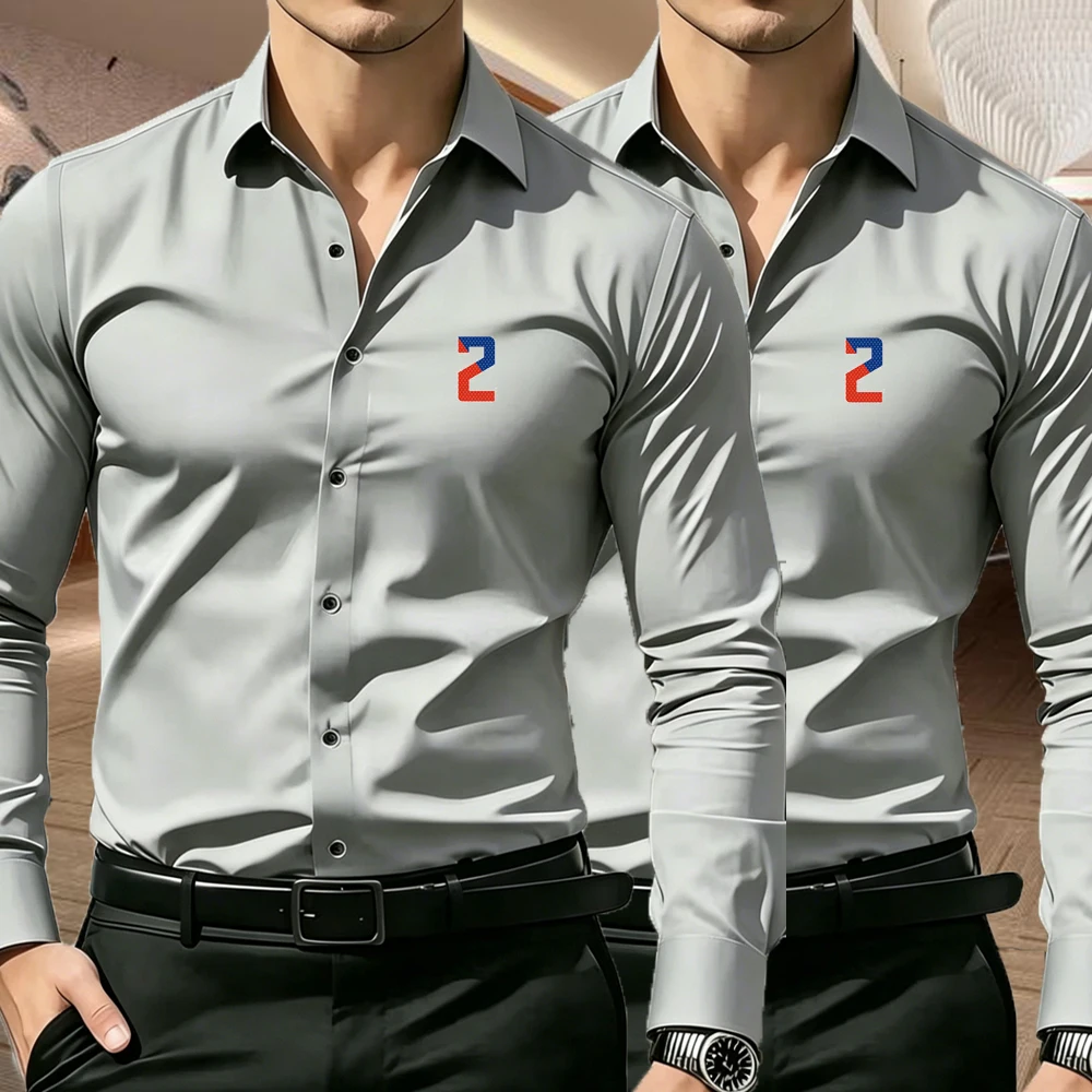 

2pcs Men's Business Casual Long Sleeve Shirts with Number 2 Print Premium Business Casual Shirt Slim Fit Long Sleeve 5 Colors