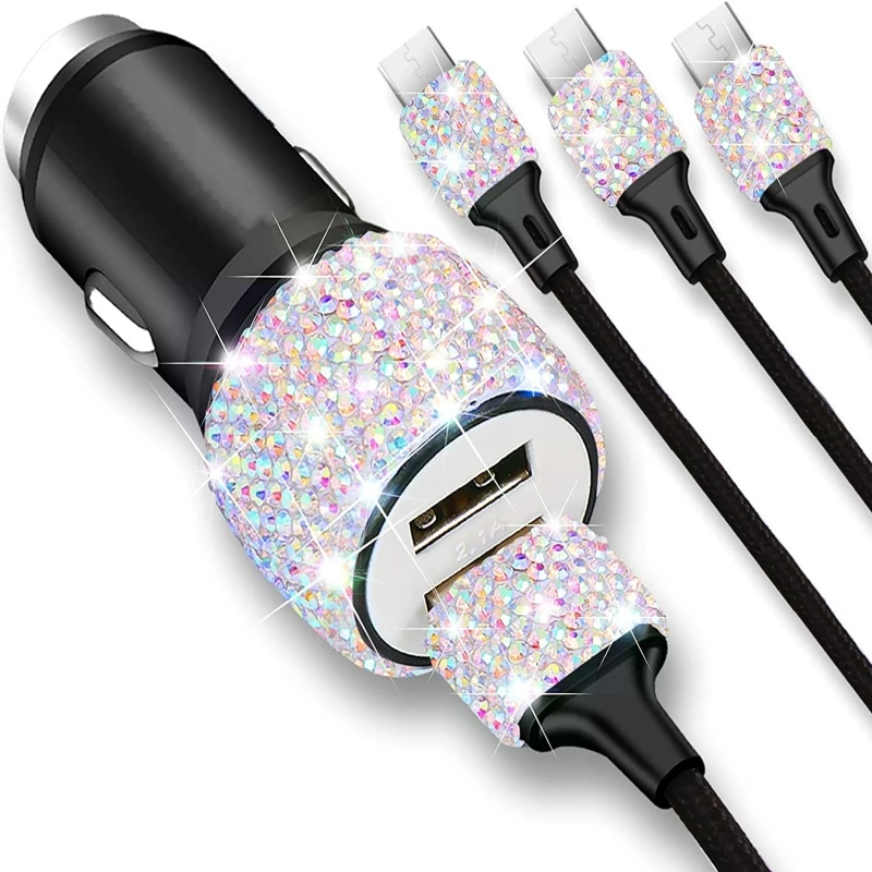 

Dual USB Car Charger Bling Bling Handmade Rhinestones Crystal Car Decorations for Fast Charging Car Decor Aluminum Alloy Charger