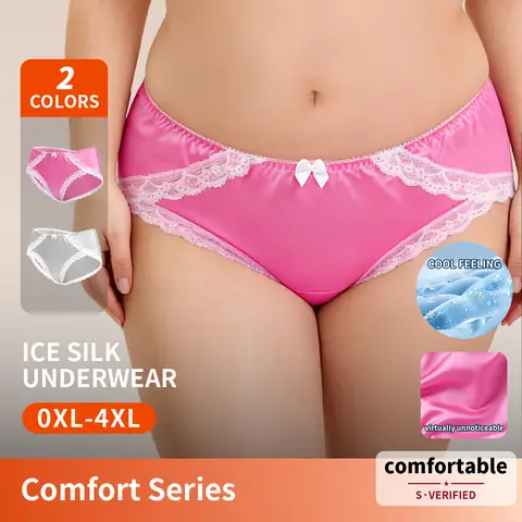 Oil Glossy Fabric Plus Size Women's Briefs Sexy Lace Satin Lightweight Panties Flexibe Stretch Sensible Lace Bow Tie Underwear