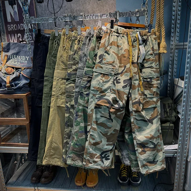 

100% Cotton Amekaji Double Pleated Camouflage Pants Men's Washed Retro Street Loose Casual Straight Oversized Workwear Pants
