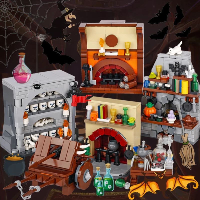 MOC Medieval Witch Scene Accessories Building Blocks Kitchen Wizard Potion Laboratory Fireplace Tomb Halloween Bricks Toys Gifts