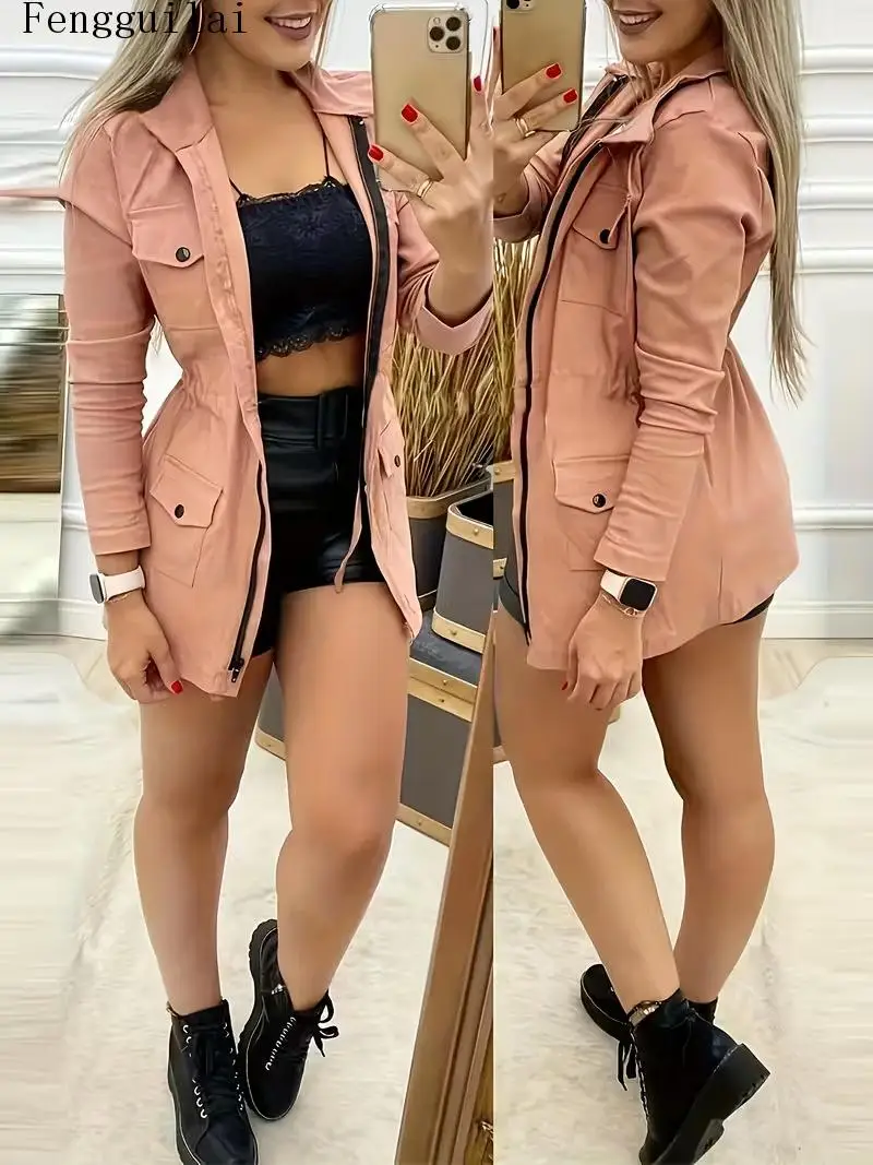 Women Casual Lapel Jacket Drawstring Waist Zip Up Long Sleeve Coat Multi Pockets Slim Fit Mid Length Outdoor Outerwear