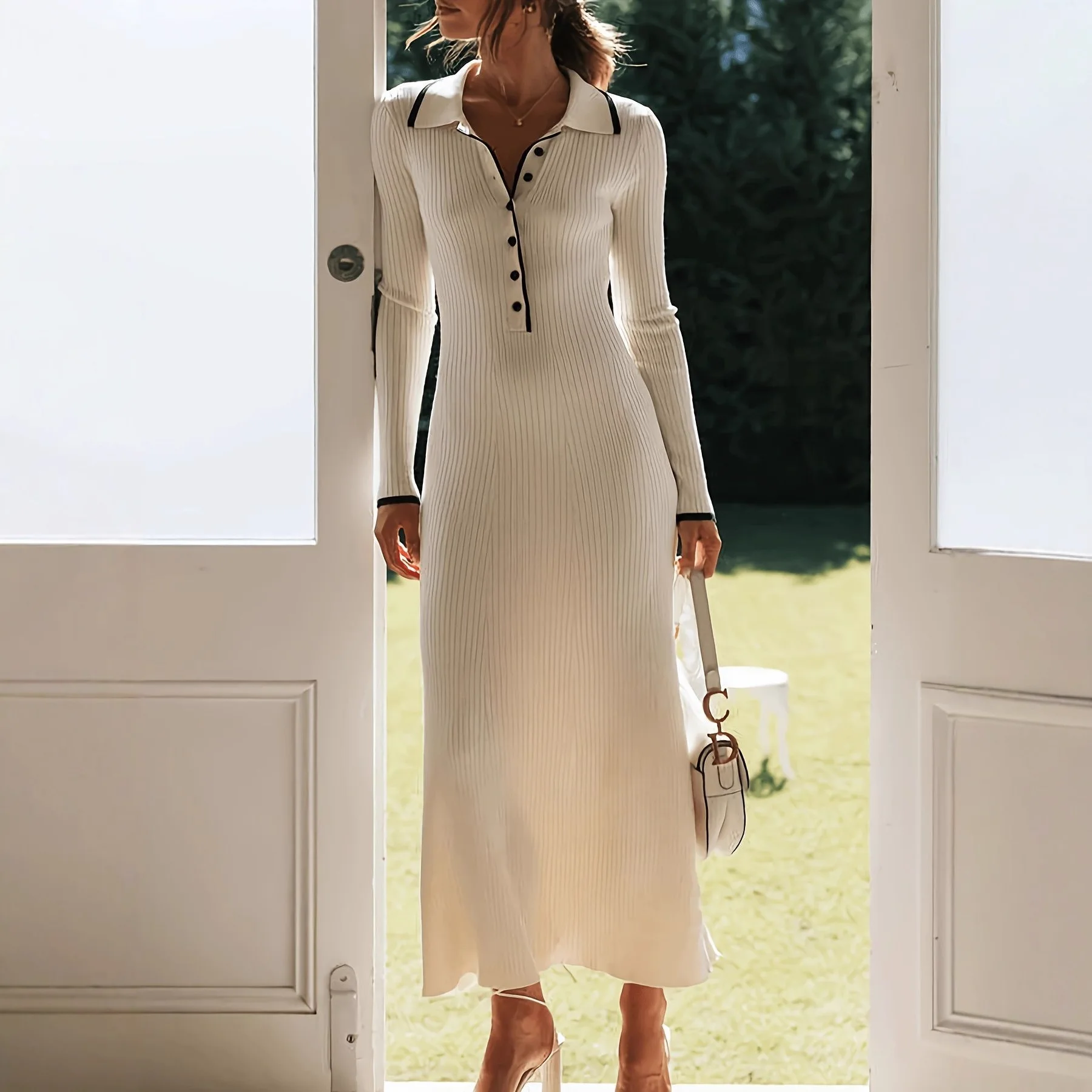 Abito elegante in maglia a maniche lunghe alla moda che dimagrisce abito aderente con colletto polo a vita alta per la festa di nozze casual aziendale