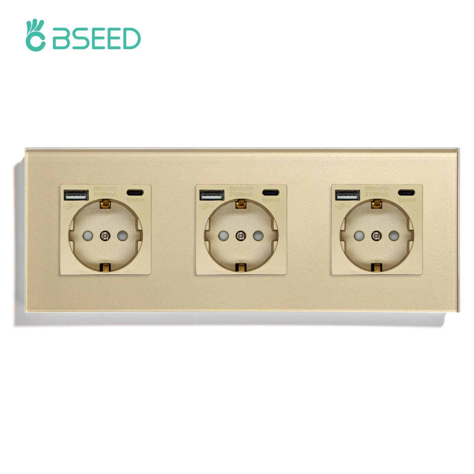 BSEED Einzelwandsteckdose mit Typ-C-USB-Anschlüssen, doppelte Glassteckdose, dreifache Steckdosen, Steckdosen, 16 A, Gold