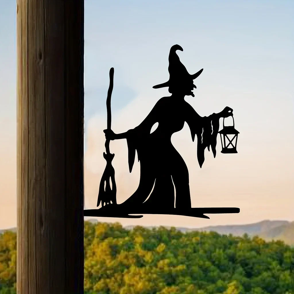 1szt Witch Lantern On Branch Steel Silhouette Metal Wall Art Home Garden Yard Patio Outdoor Statue Stake Decoration Perfect