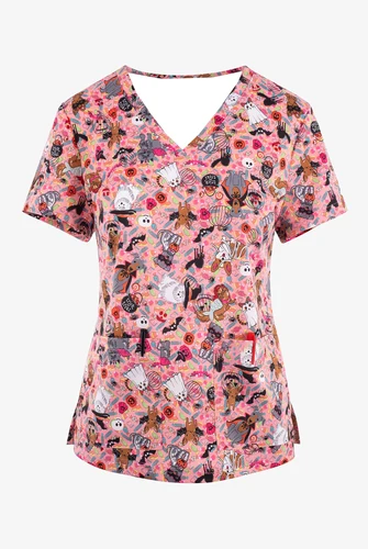 Imagen 1 del producto Uniforme de enfermera para mujer, monos de manga corta con cuello en V, estampado de dibujos animados, monos de flores hermosas, cuidado médico informal para mujer