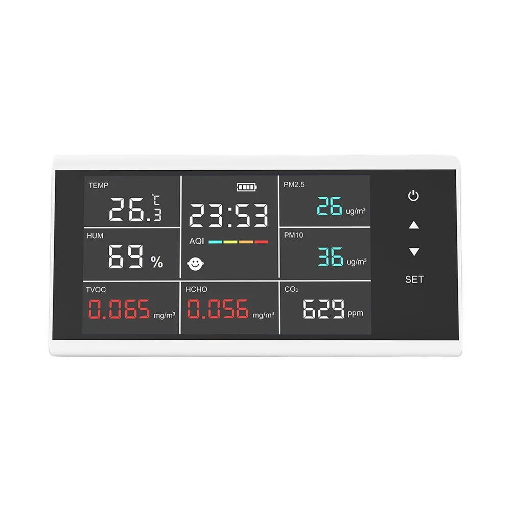 Touch Screen Air Quality Detector CO2/PM2.5/PM10 HCHO TVOC Temperature Humidity Meter Monitor With HCHO Alarm