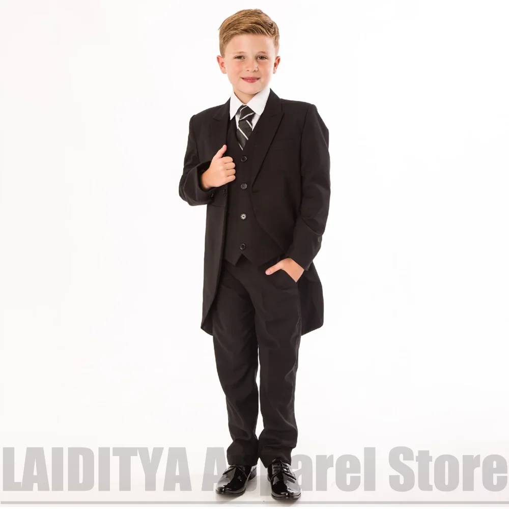 Boys Black 3 Piece Tailcoat Suit Set Chic Single Button Solid Color Wear Kids Formal Wedding Outfit Long Blazer Vest Pants