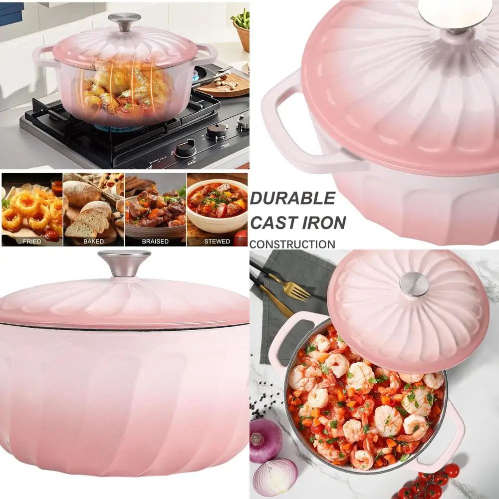 

6-Quart Gradient Pink Enamel Cast Iron Dutch Oven with Lid, Ideal for Bread Baking, Braising, and Cooking on All Stoves