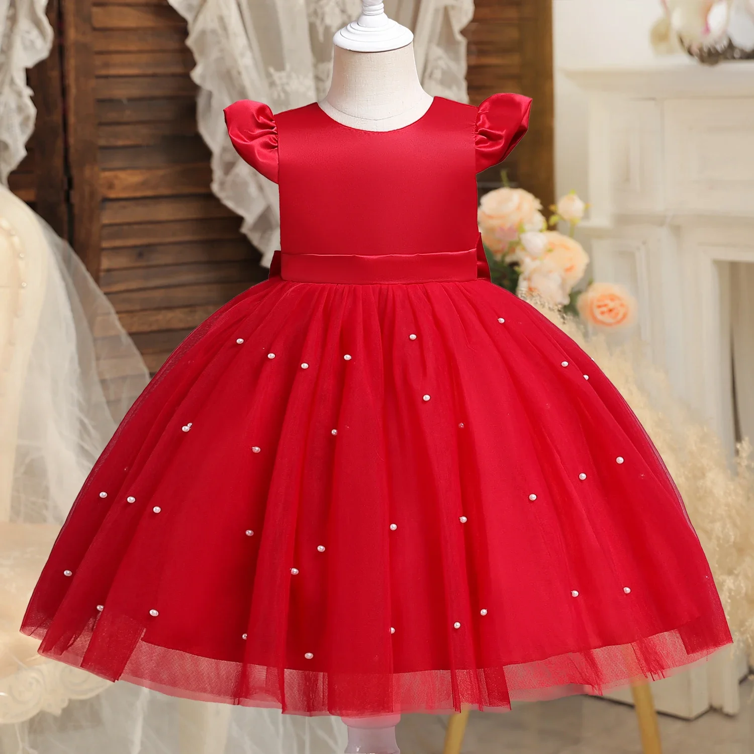 Baby Girl Elegant Princess Dresses Kids Christening Prom Gown 1st Birthday Party Girl Wedding Tutu Bow Beading Dress 1-5Yrs