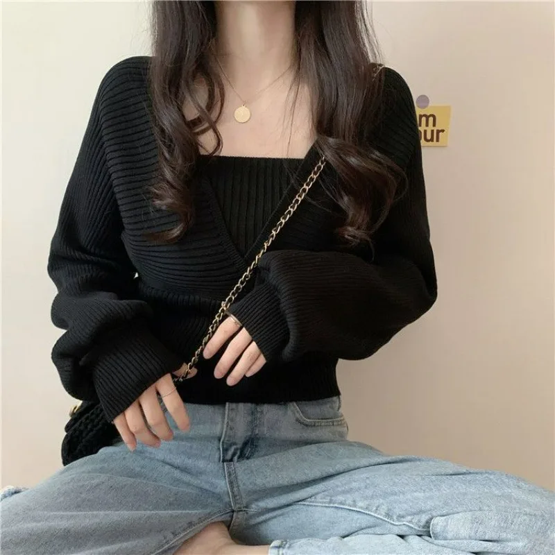 2024 Autumn New Niche Fake Two-piece Square-neck Trendy Short Versatile Women's Lantern Sleeve Knitted Sweater Pullover