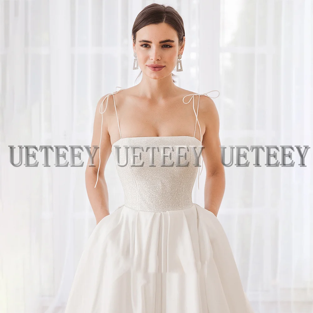 Ueteey elegant a-line vestido de casamento cinta de espaguete sem mangas rendas até atrás varredura trem vestidos de noiva starpless 2022