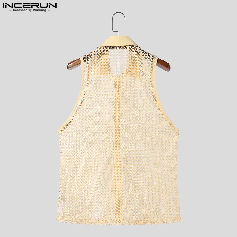 INCERUN 2025 メンズシャツラペルノースリーブボタンメッシュ中空アウトセクシーな男性シャツストリート夏シースルー男性服