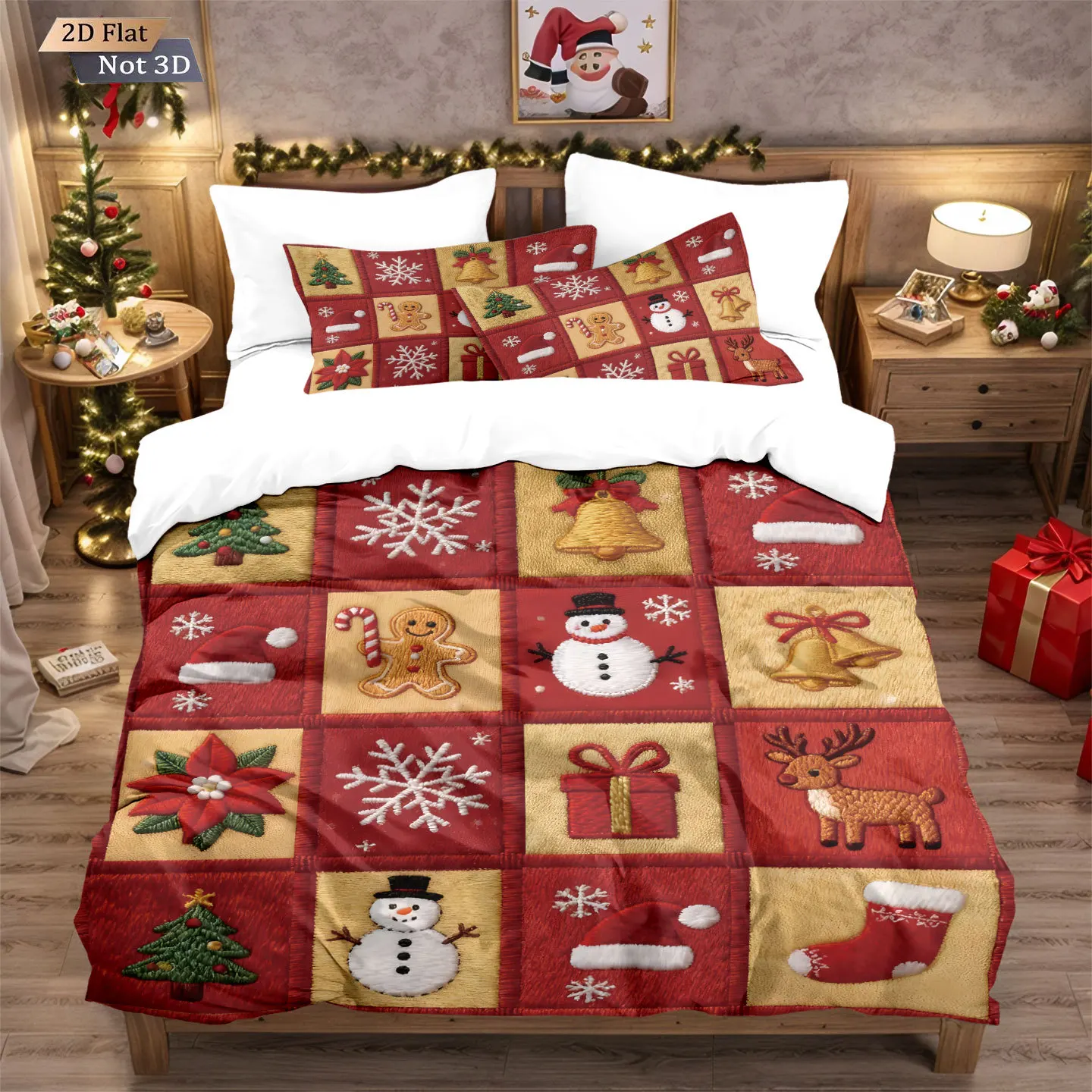 Christmas Bedding Set Red Deer Santa Claus Gingerbread Printed King Queen Size Duvet Cover Set for New Year Home Bedroom Decor