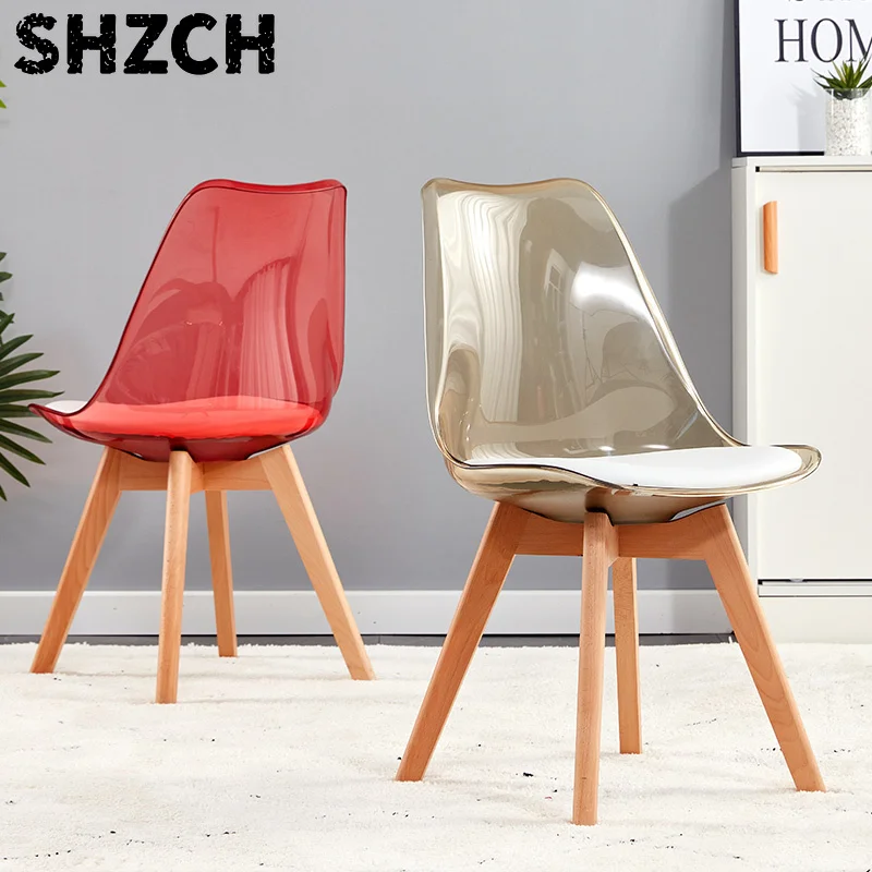 Nordic Acrylic Dining Chair with Backrest, Transparent Makeup Stool & Solid Wood Office Chair for Home/Study/Nail Salon
