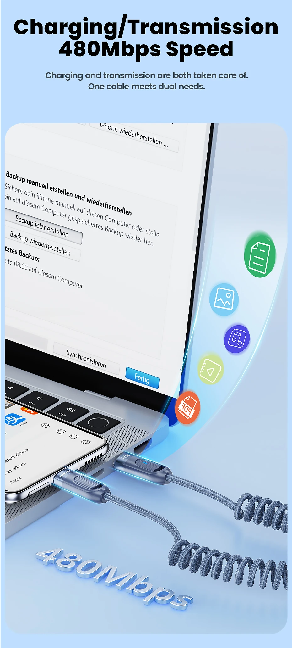 Toocki Auto-Federkabel Typ C für iPhone 17 16 15 Xiaomi Samsung 60W PD Schnellladung für Macbook iPad Typ C zu Typ C Kabel – Detail 8