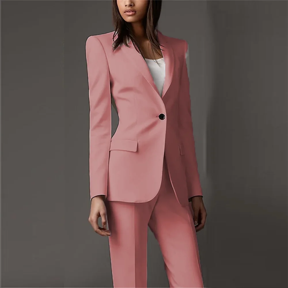 Ternos monocromáticos slim fit para mulheres, ternos rosa para senhoras formais do escritório, conjunto de 2 peças, moda feminina, botões únicos,