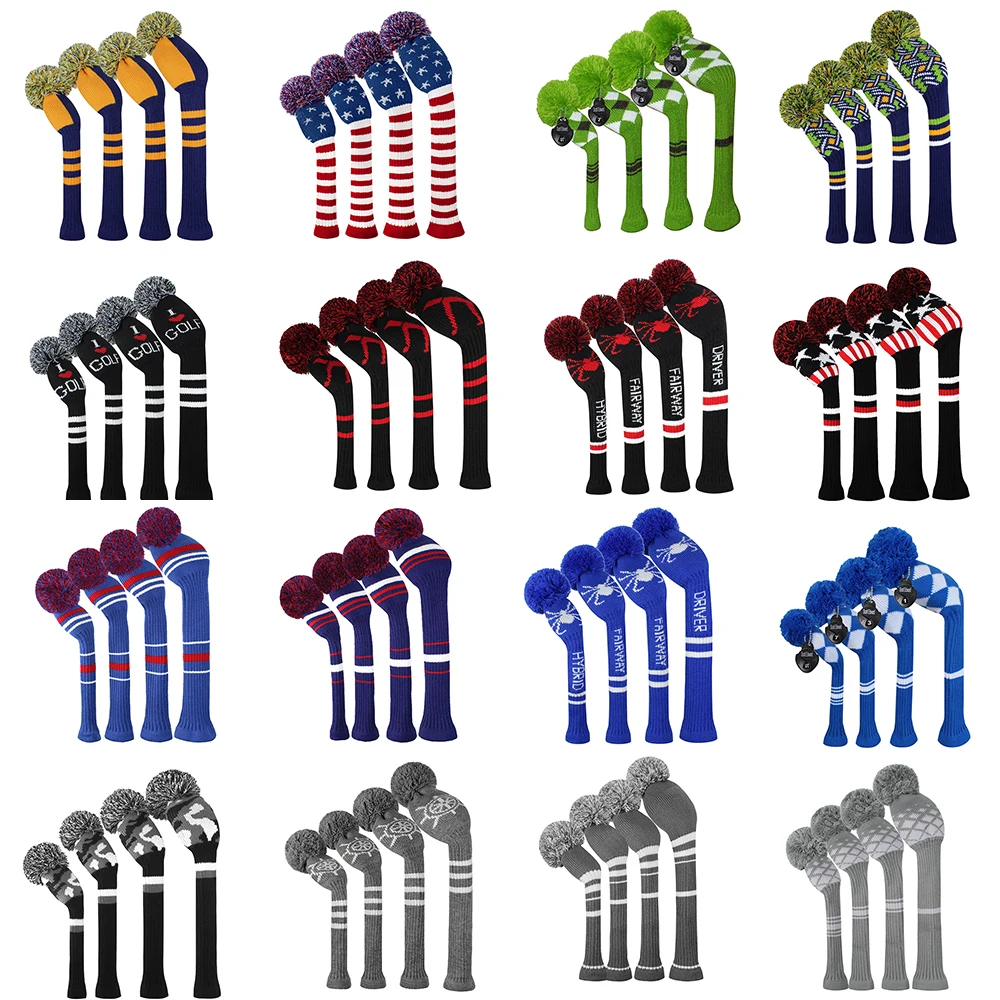 

4 pcs/set Golf Knitted Pom Pom Sock Covers 1-3-5 Golf Wood Headcover For Golf Dirver/Fairway Golf Club Headcovers