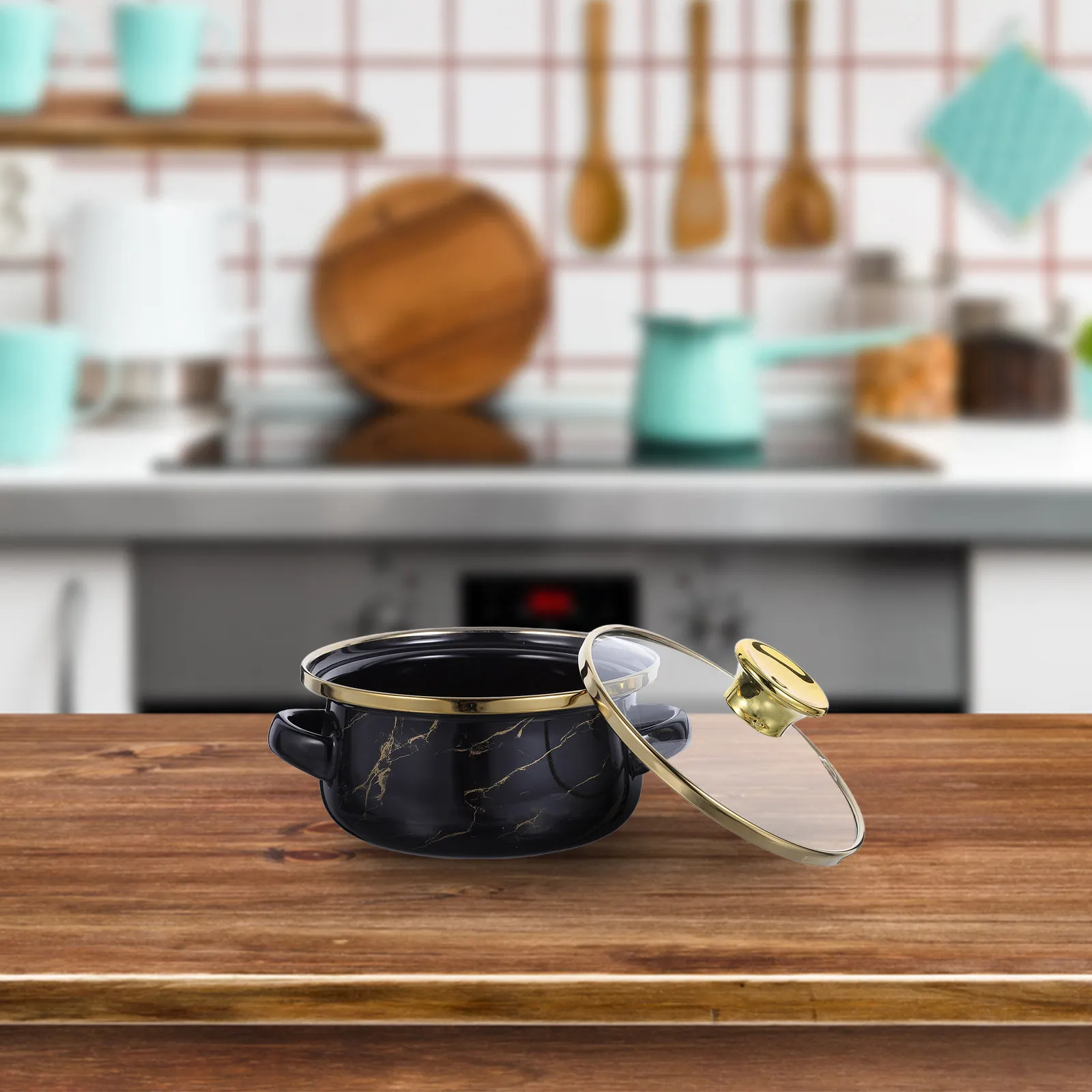 3Pcs Enamel Pot Set Double Handled Soup Pots Lids 500Ml 800Ml 1200Ml Cooking Stew Simmer Pans Compatible Induction Gas Electric