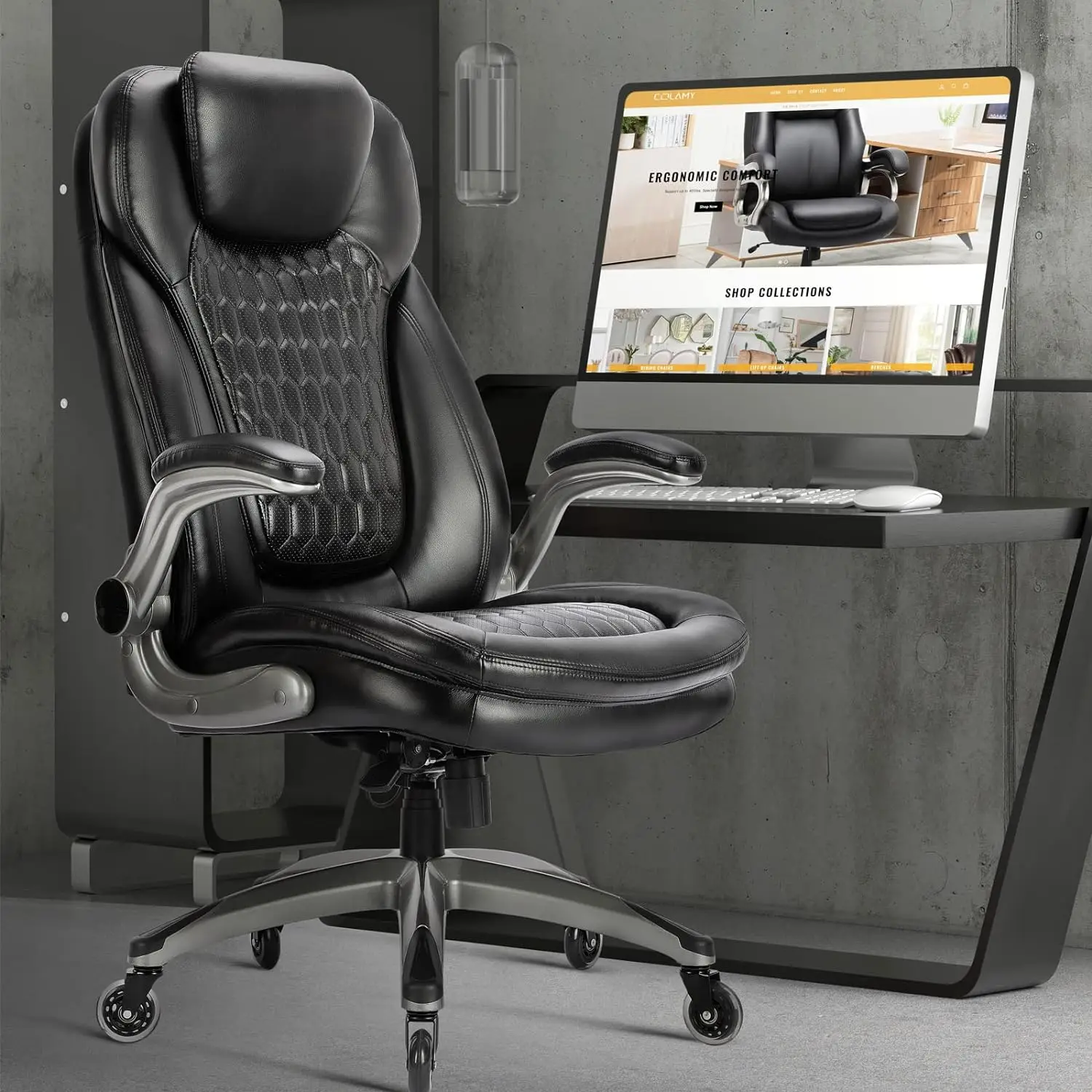 Executive Office Chair-Ergonomic Computer Desk Chair High Back Leather Chair Swivel Home Office Chair with Upgraded Casters