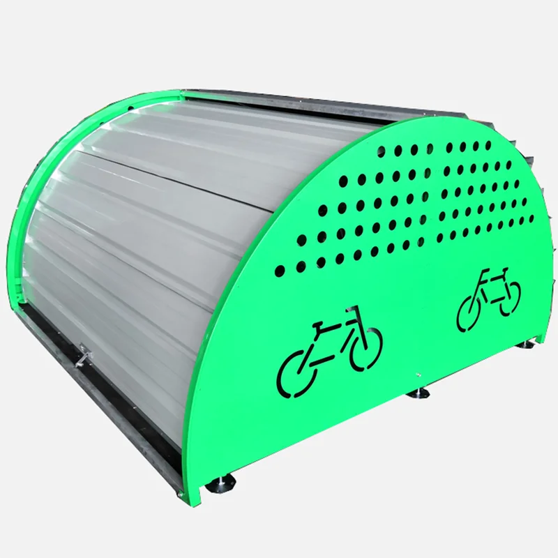 

Gray-green metal iron bicycle storage box, safe storage parking shed, with bicycle patterns on both sides