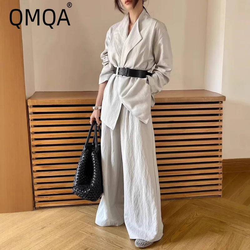 

QMQA Fashion Women's Elegant Korean Sets Lace Up Slimming Casual Suit Jacket High Waist Wide Leg Pants 2 Piece Set New QM552