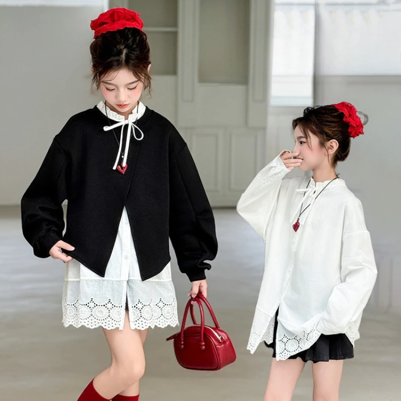 

Свободная кружевная рубашка + пуловер, толстовка, детский комплект из 2 предметов, детская одежда для подростков, костюмы для девочек, весенне-осенняя одежда с длинными рукавами