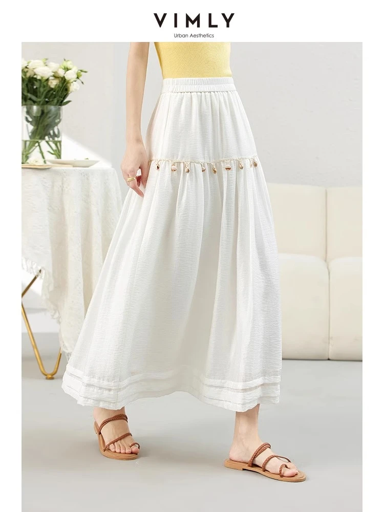 

VIMLY Midi Skirts Women's Summer Bohemian 2025 Summer Bohemian Shell Woven White Loose Casual Bud Skirt Woman Clothing A1893