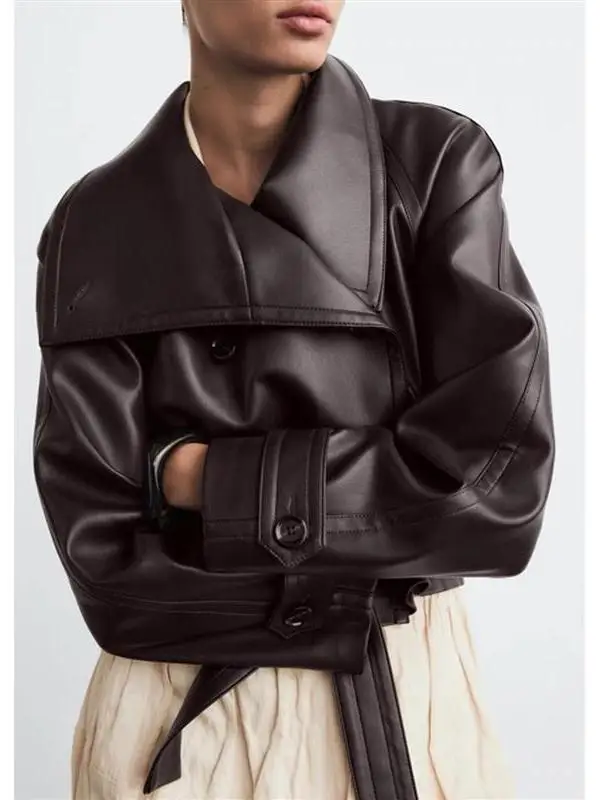 Orth Length Leatherette Jaet مع ياقة واقفة طويلة Sve مزدوجة الصدر إغلاق حزام الخصر الديكور تخفيف Sle You...