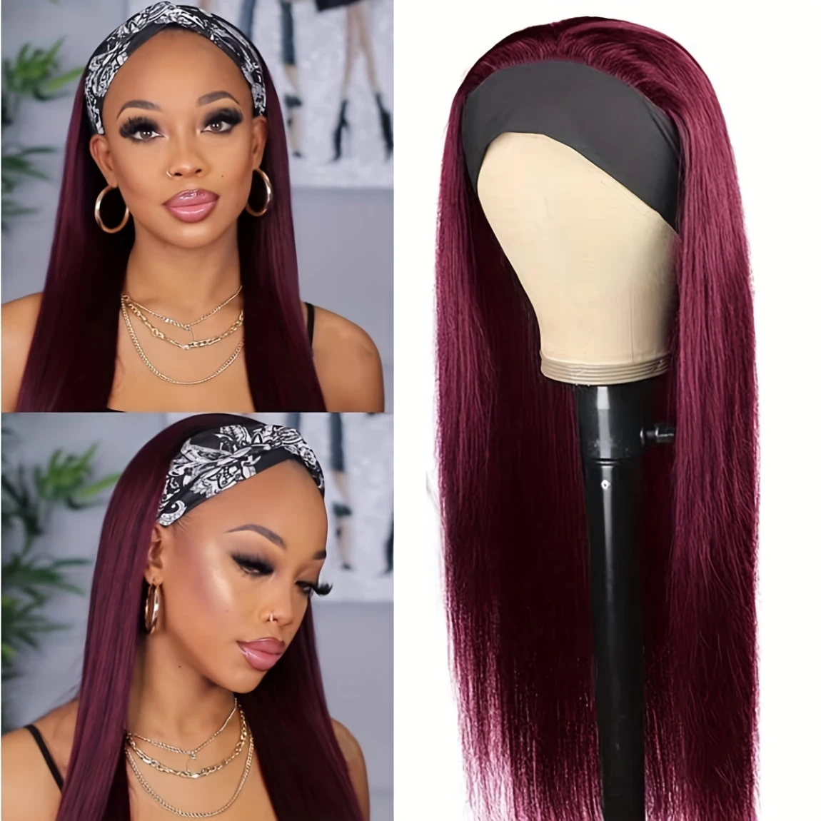 180% 99J Headband Wig Human Hair Straight Human Hair Wigs for Black Woman Burgundy Gluelees Full Machine Made Ready To Go Wig