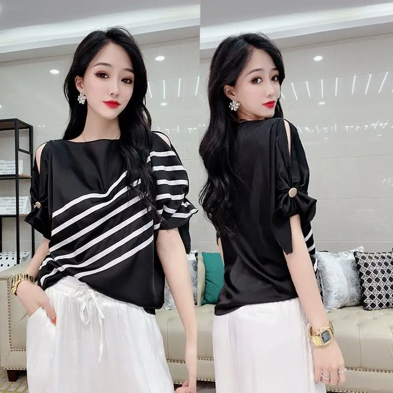 Stylish Slash Neck Button Folds Off Shoulder Striped Blouse Female Clothing 2023 Summer New Casual Pullovers Asymmetrical Shirt