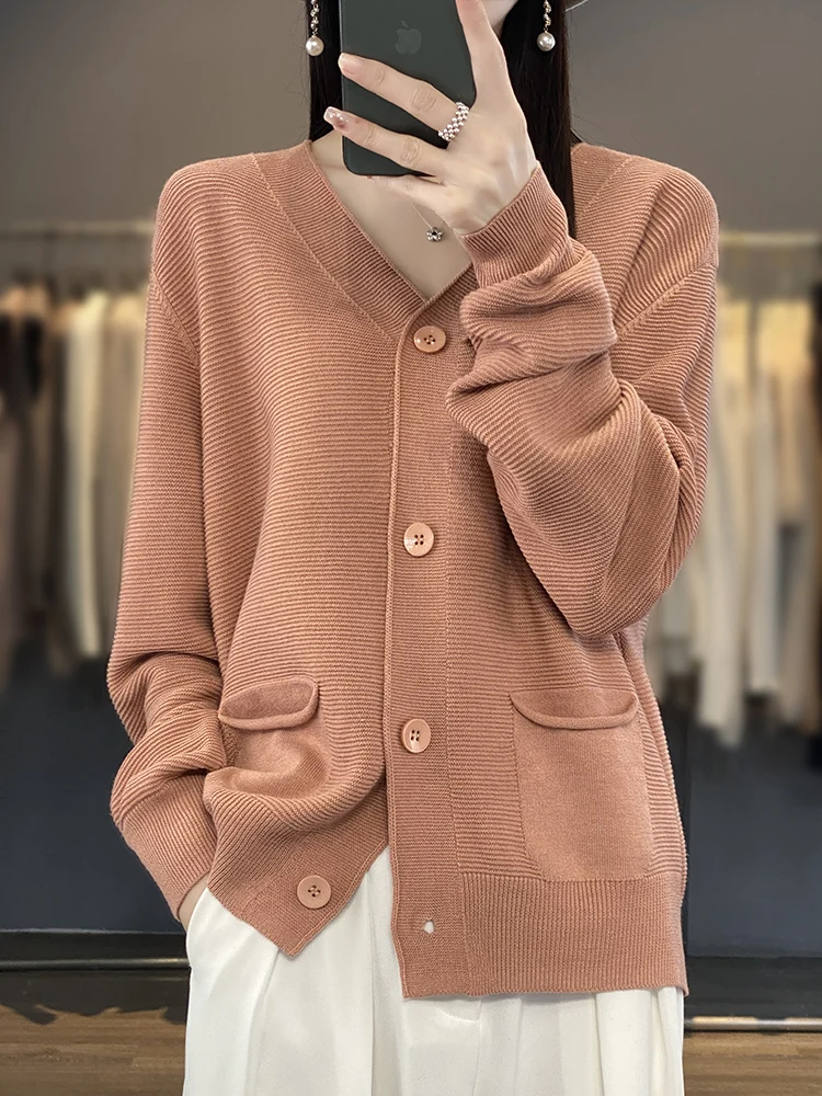 Linen Cardigan Sweater Women V-neck Long Sleeve Top Korean Style New In Outerwears Mujer Knitwear Pockets Designer Spring Clothe