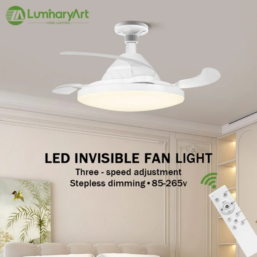LED Ceiling Fan Light Invisible Retractable Blade Fan Silent Remote Control Timed Dimming Bedroom Living Room Fan Lighting