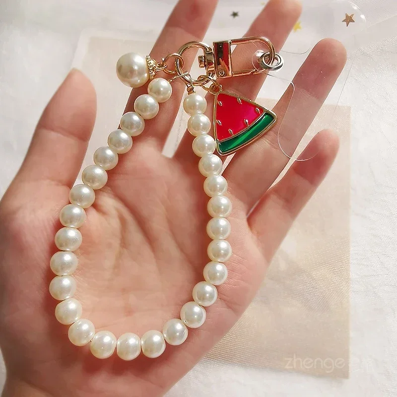 

Watermelon Slice Pearl Short Wrist Strap Mobile Phone Lanyard with Handmade Beaded Chain Gasket Style Phone Universal Lanyard