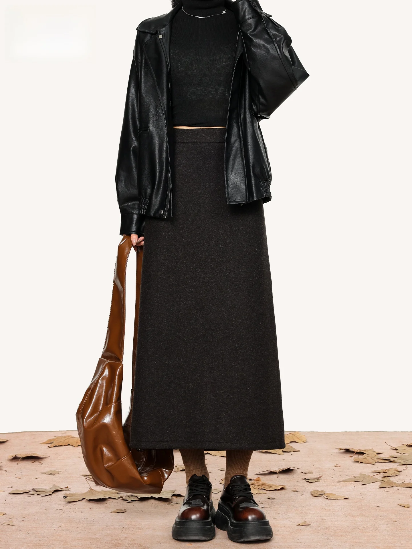 

High Waist A-Line Slit Woolen Skirt for Women Spring 2026 New Straight Cut Elegant Mid-Length Bodycon Skirt