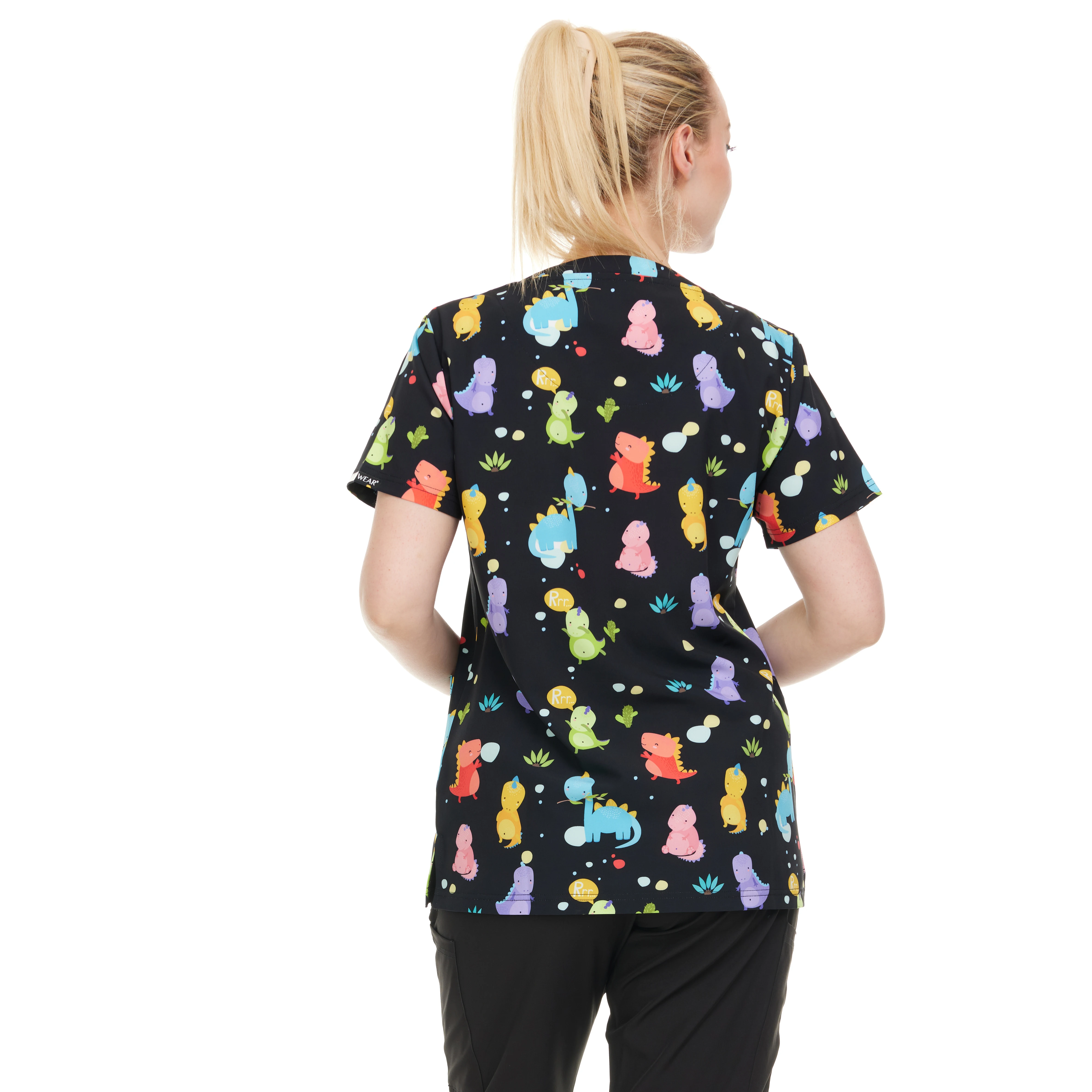 HEAL+WEAR Women's Scrub Top V-Neck Dino Print Multiple Convenient Pockets. 4-Way Stretch Spandex. Wrinkle-Resistant.