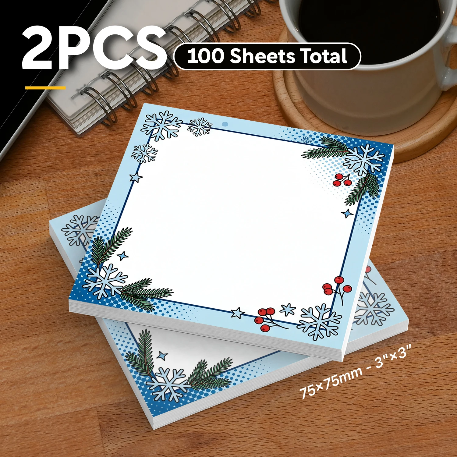 2pcs Winter Sticky Notes Set, Snowflake Pine Berry Self Stick Memo Pads, 100 Sheets Total, Seasonal Nature Notepads, Removable