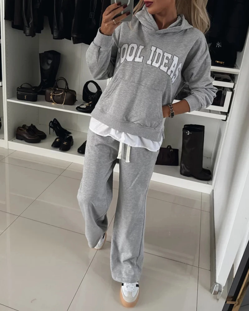 

Two Piece Set Women Outfit 2025 Autumn New Letter Print Hooded Long Sleeve Sweatshirt & Casual Straight Pants Sets with Pocket