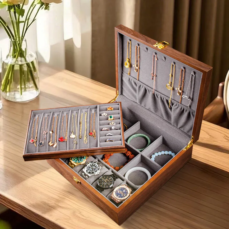 2 Layer Wooden Jewelry Box with for Women Men Vintage Wood Jewelry Organizer Storage for Earrings Watch Mother’s Day Gift