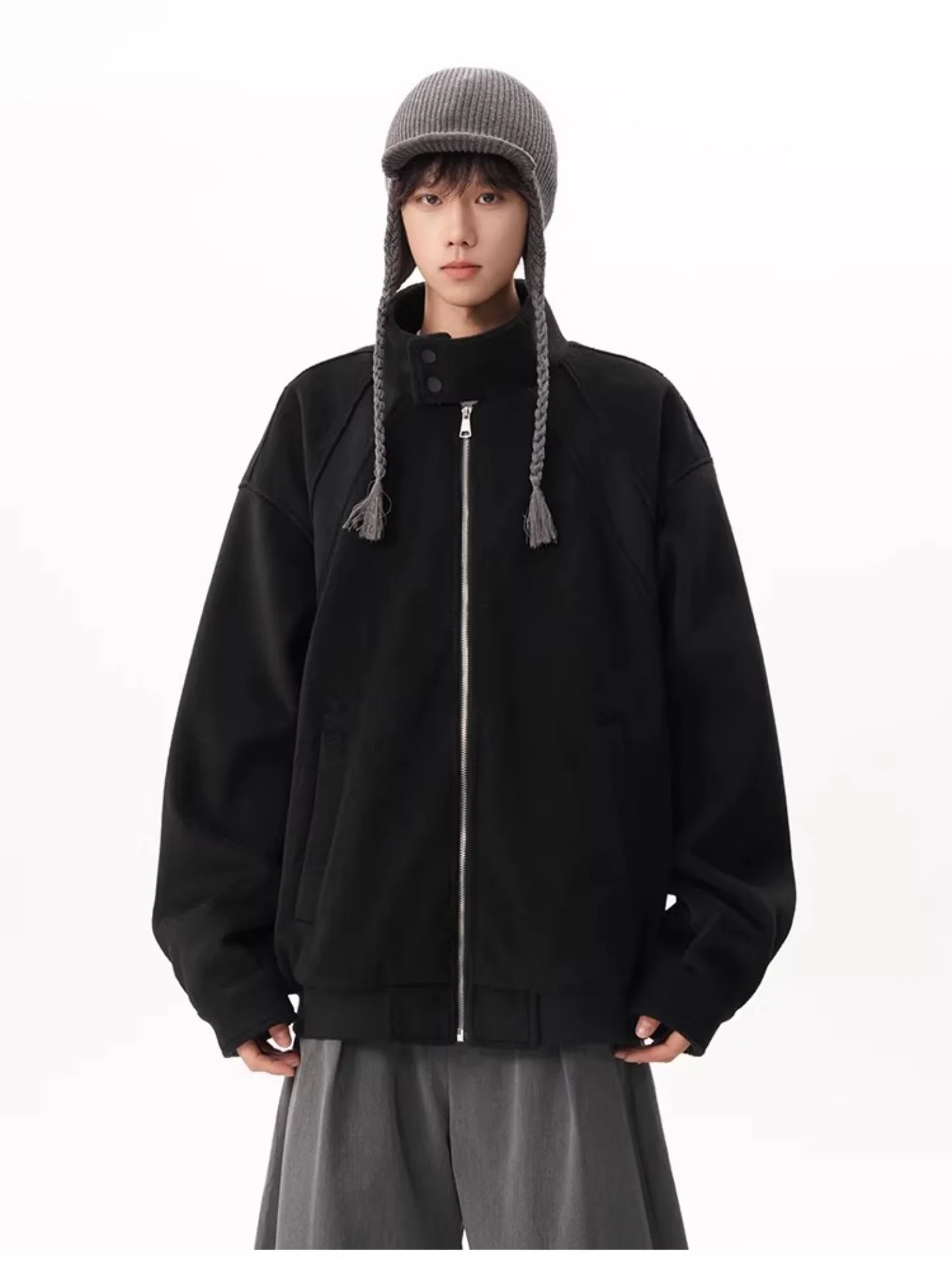 

Retro American Deconstructed Stand Collar Men's Jaet Thi Warm Loose Design Winter Outerwear Coat Zipper Closure Long Sve