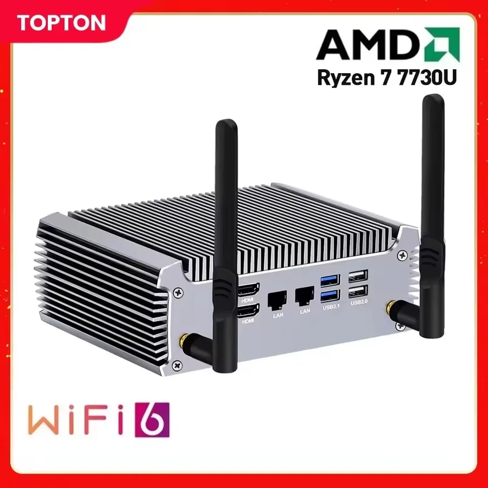 Topton FU02 Безвентиляторный мини-ПК AMD Ryzen 7 7730U 5825U R5 5625U 4500U Игровой компьютер с двумя кронштейнами LAN 2 * HDMI2.0 NVMe DDR4 WiFi6
