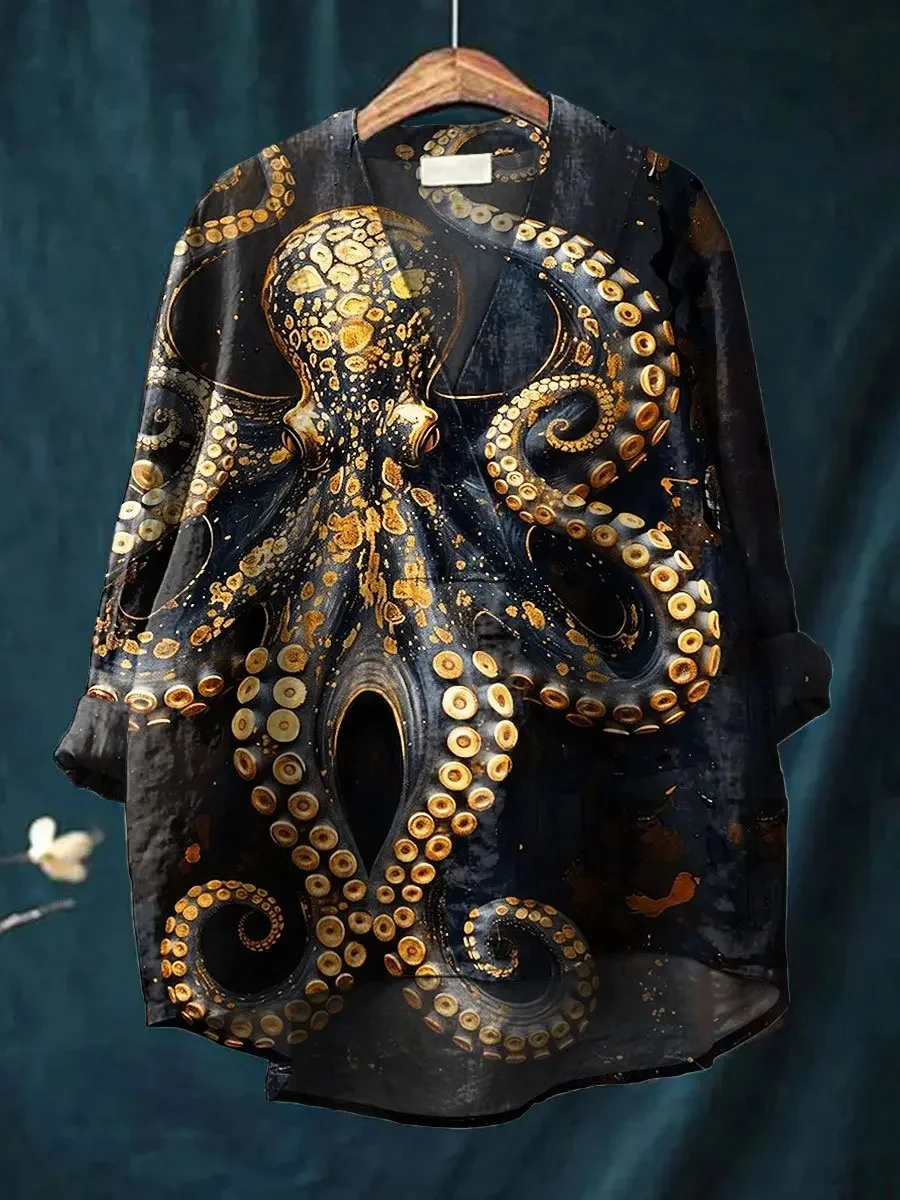 New Art Graffiti Style Colored Fish Shaped Printed Men's Shirt in Navy Blue Loose Collar with Seven Cent Sleeves
