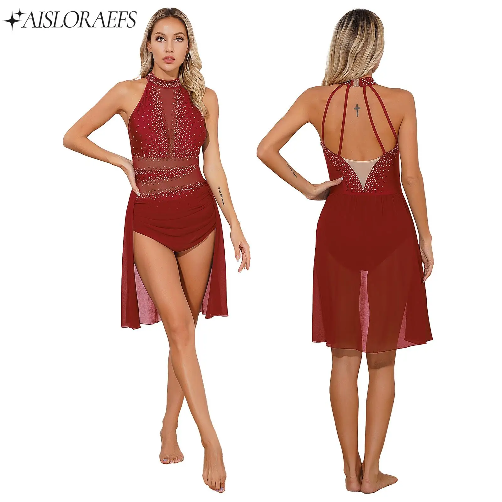 

Womens Lyrical Dance Dress Sleeveless Rhinestone Backless Sheer Mesh Leotard Dress Contemporary Modern Dance Performance Costume