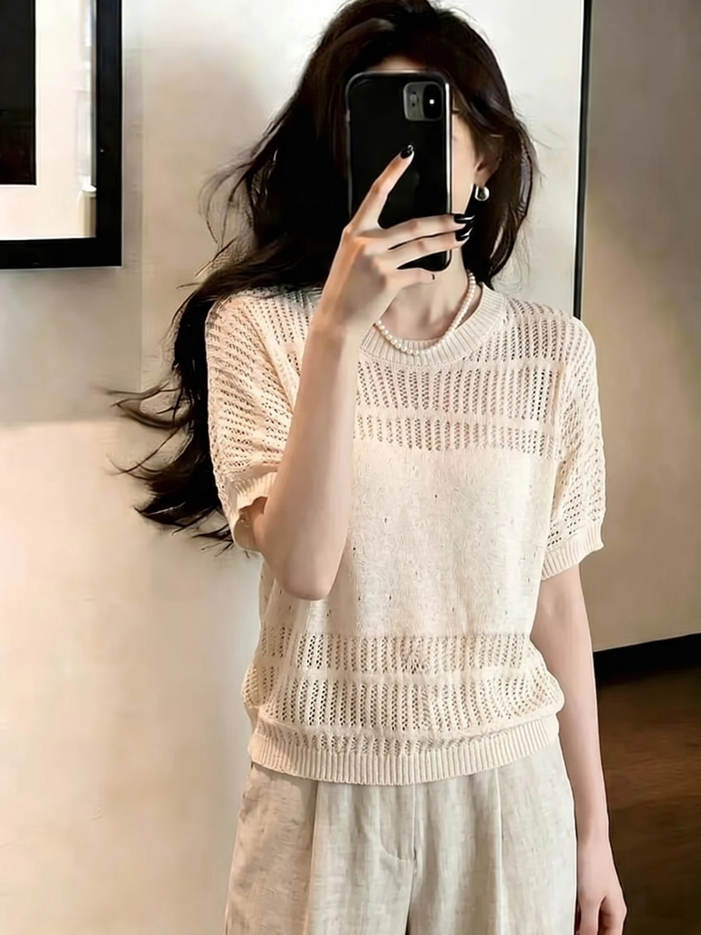 Fashionable Comfortable Hollow out Short Sleeve Knitted Sun Protection Top Soft Summer 2026 Design Sensation Women's Wear
