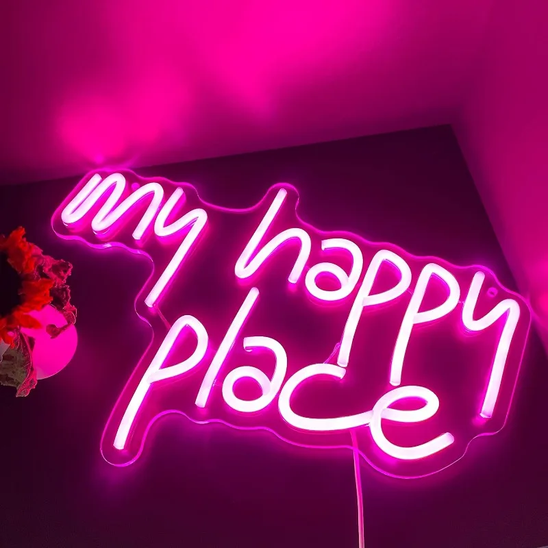 My Happy Place Neon Light LED Neon Sign Wall Decor for Game Room Bedroom Home Bar Man Cave Bar Decoration Light Up Neon Signs