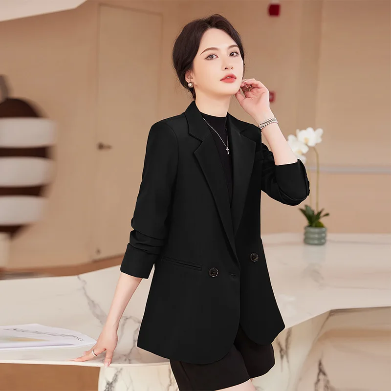 Black Small Business Suit Coat for Women 2023 New Spring and Autumn Leisure Temperament Korean Style Design Blouse Small Suit